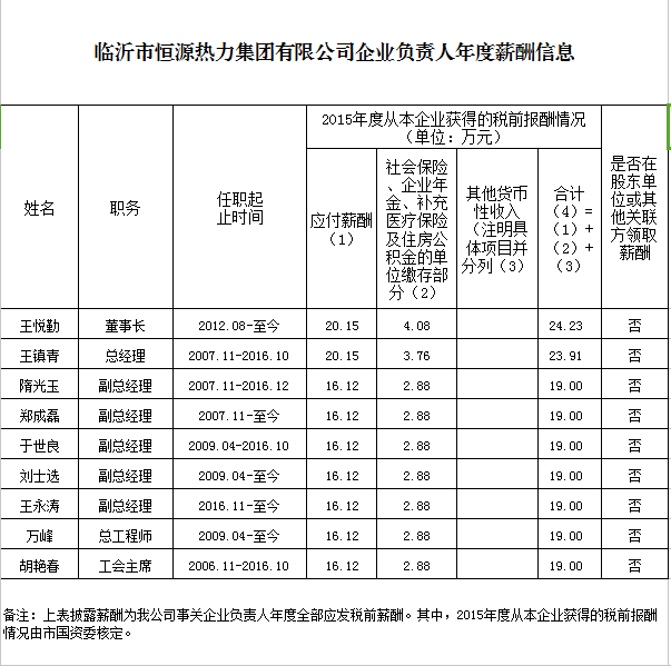 和记平台集团有限公司2015年度企业负责人薪酬信息披露